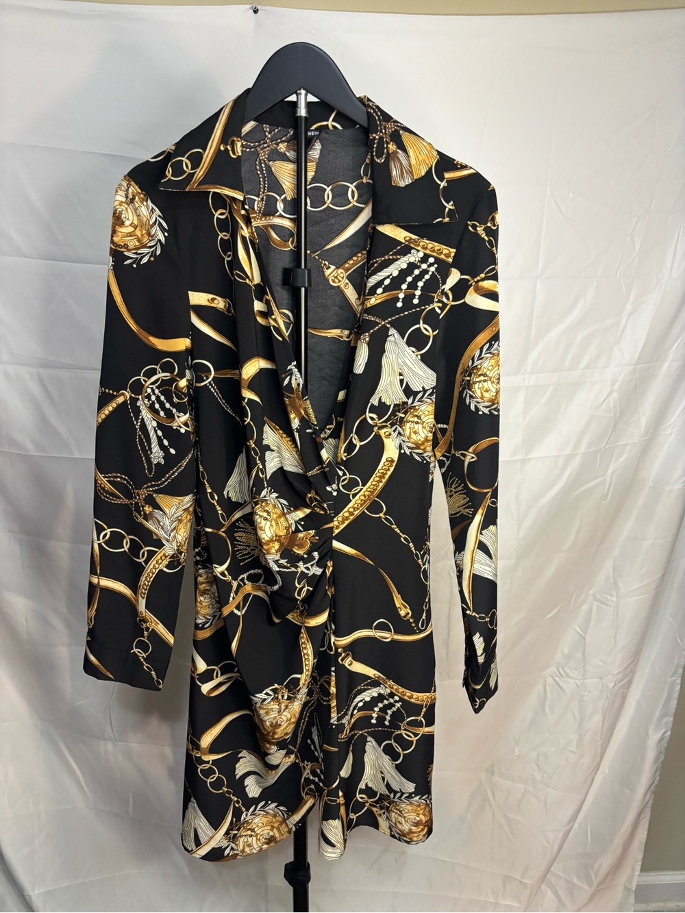 SHEIN Black Dress with Gold Chain & Tassel Print